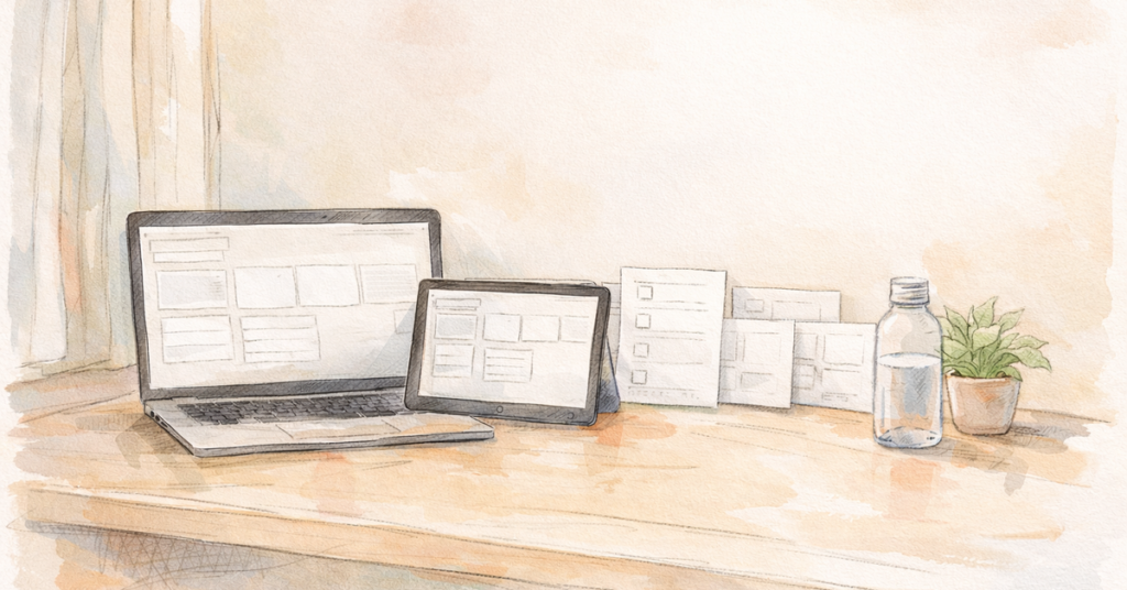illustration of a clean desk with a laptop and tablet showing blank dashboards and comparison cards in soft pastels; calm workspace with a small plant and water bottle beside blank notion templates; airy desktop scene with blank cards and pastel devices; hand‑drawn desk with blank dashboards and lots of open space.