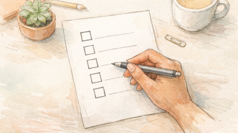 hand‑drawn overhead view of a checklist paper with five empty boxes and a woman’s hand holding a pen; pastel sketch of a top‑down checklist with empty boxes; calm desk scene with blank checkboxes ready to be filled; watercolor overhead illustration of a checklist and hand.