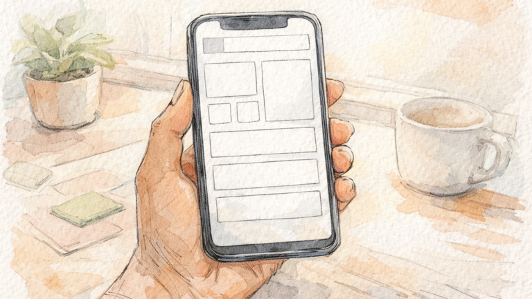 watercolor sketch of a hand holding a phone with blank wellness tracker widgets; close‑up hand‑drawn view of a mobile dashboard with empty blocks; pastel illustration of a hand and phone focusing on blank widget cards; calm, close‑up view of a mobile wellness tracker interface drawn in soft colors.