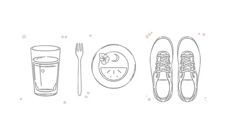 Beginner wellness journey essentials: movement, hydration, nutrition, sleep.