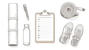 Beginner wellness routine essentials: mat, water, shoes, checklist