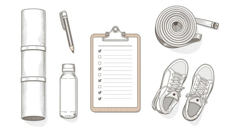 Beginner wellness routine essentials: mat, water, shoes, checklist