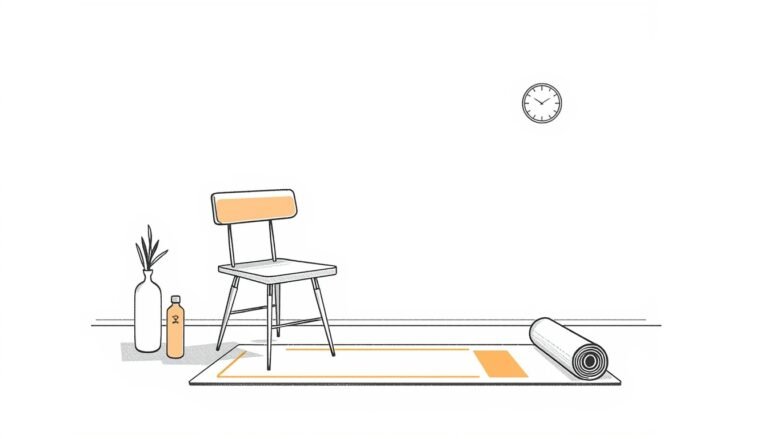 Beginner home workout setup with chair and mat.