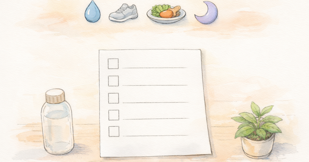 illustration of a blank checklist sheet with empty checkboxes and icons for hydration, exercise, nutrition and sleep above it