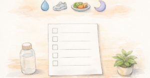 Get Toned Glutes with These 5 Band Moves 34 illustration of a blank checklist sheet with empty checkboxes and icons for hydration, exercise, nutrition and sleep above it