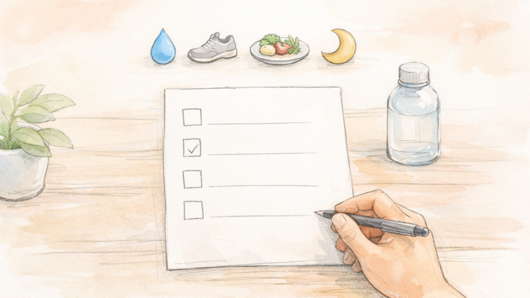 watercolor sketch of a top‑down blank checklist being marked by a hand, with simple health icons at the top