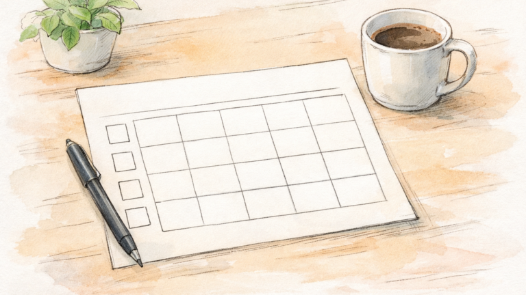watercolor sketch of a weekly planner with a grid of blank squares, a pen, coffee cup and plant on a wooden desk