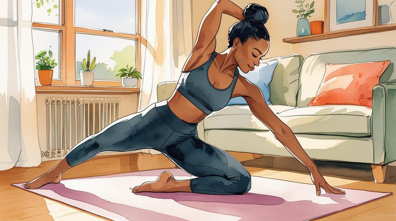 Watercolor sketch of a Black woman doing a gentle morning stretch in a cozy living room