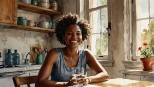 Black woman sitting at a cozy home desk writing in a notion wellness tracker journal, warm morning light
