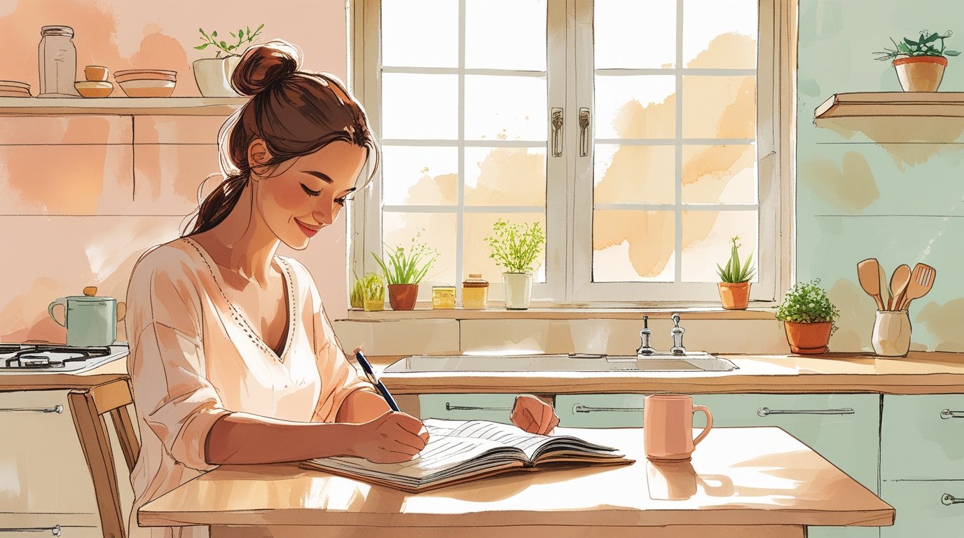Woman sitting at a kitchen table writing in a daily wellness habit journal