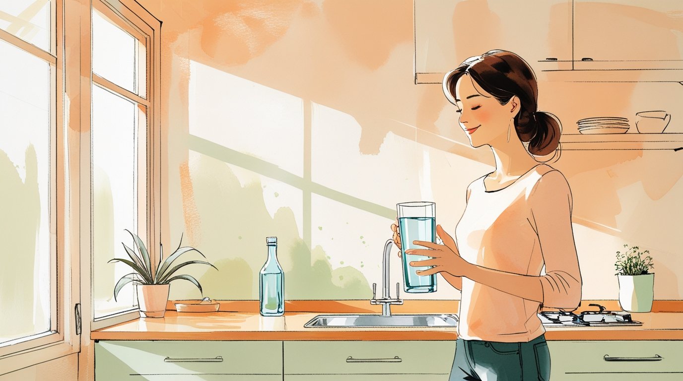 Woman in a bright kitchen holding a glass of water as part of a morning wellness habit