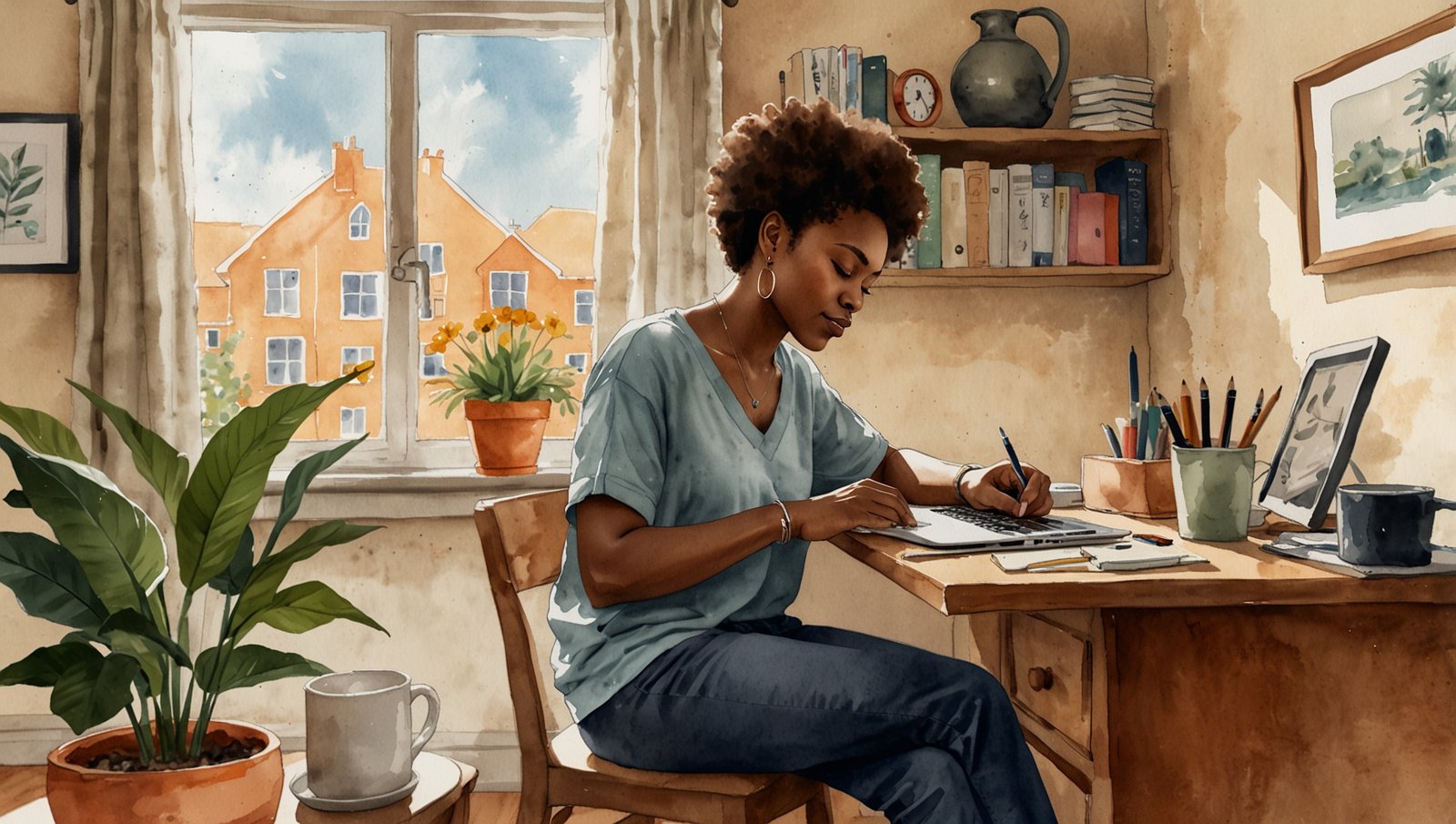 Watercolor sketch of a Black woman at a home desk with a laptop open to a buy notion wellness tracker, warm morning light