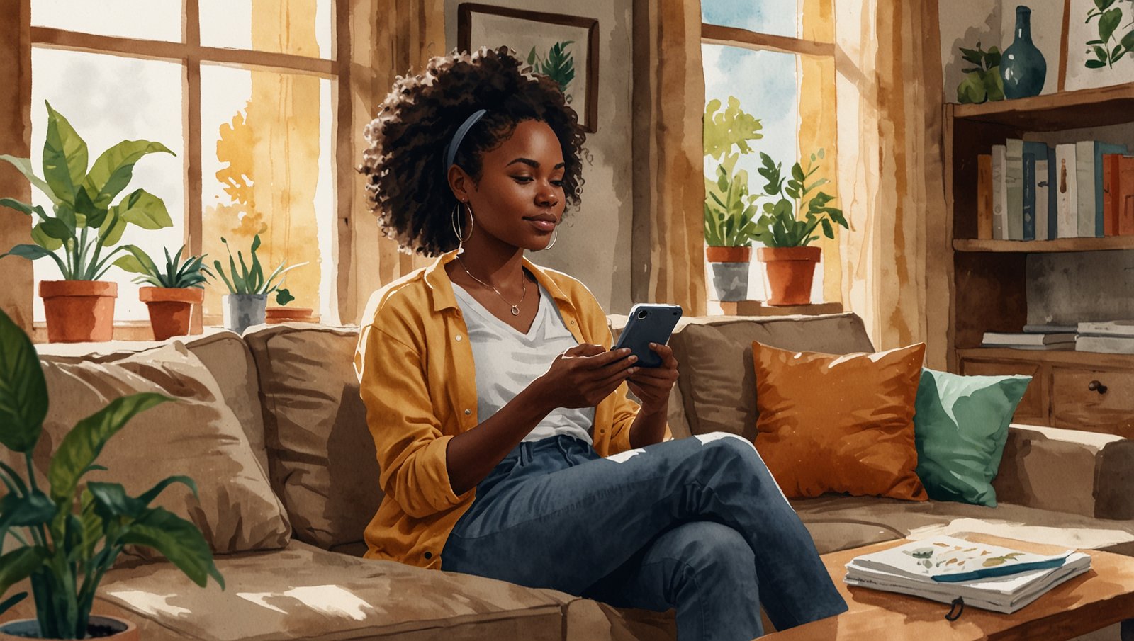 Watercolor sketch of a Black woman relaxing on a couch checking a habit tracker app on her phone, cozy living room