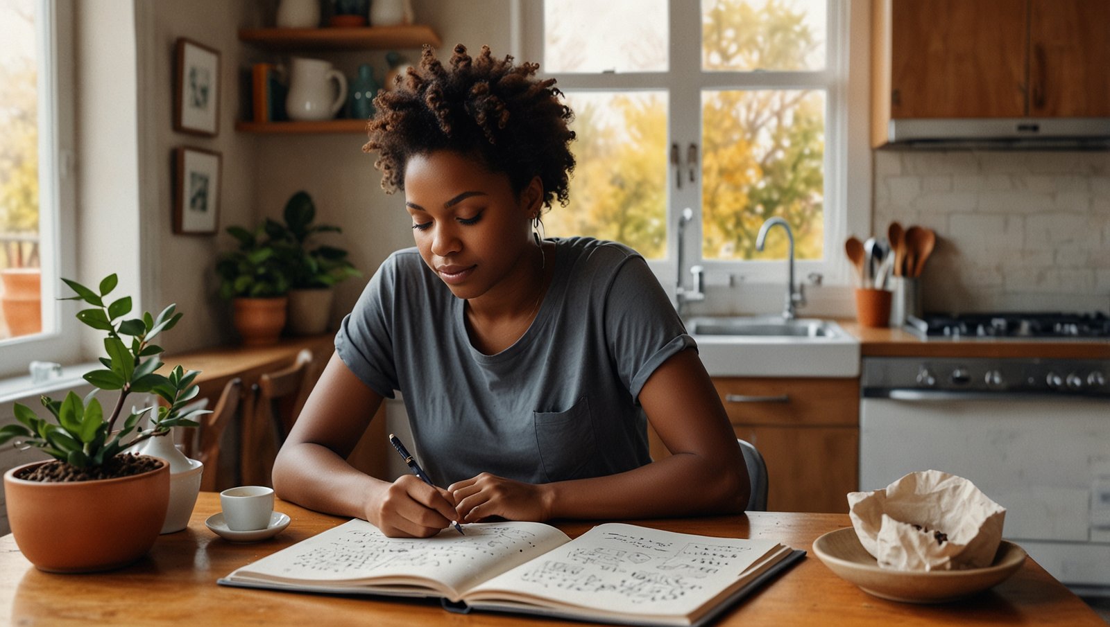 Watercolor sketch of a Black woman writing in a wellness journal at a kitchen table with morning coffee, beginner habit tracker