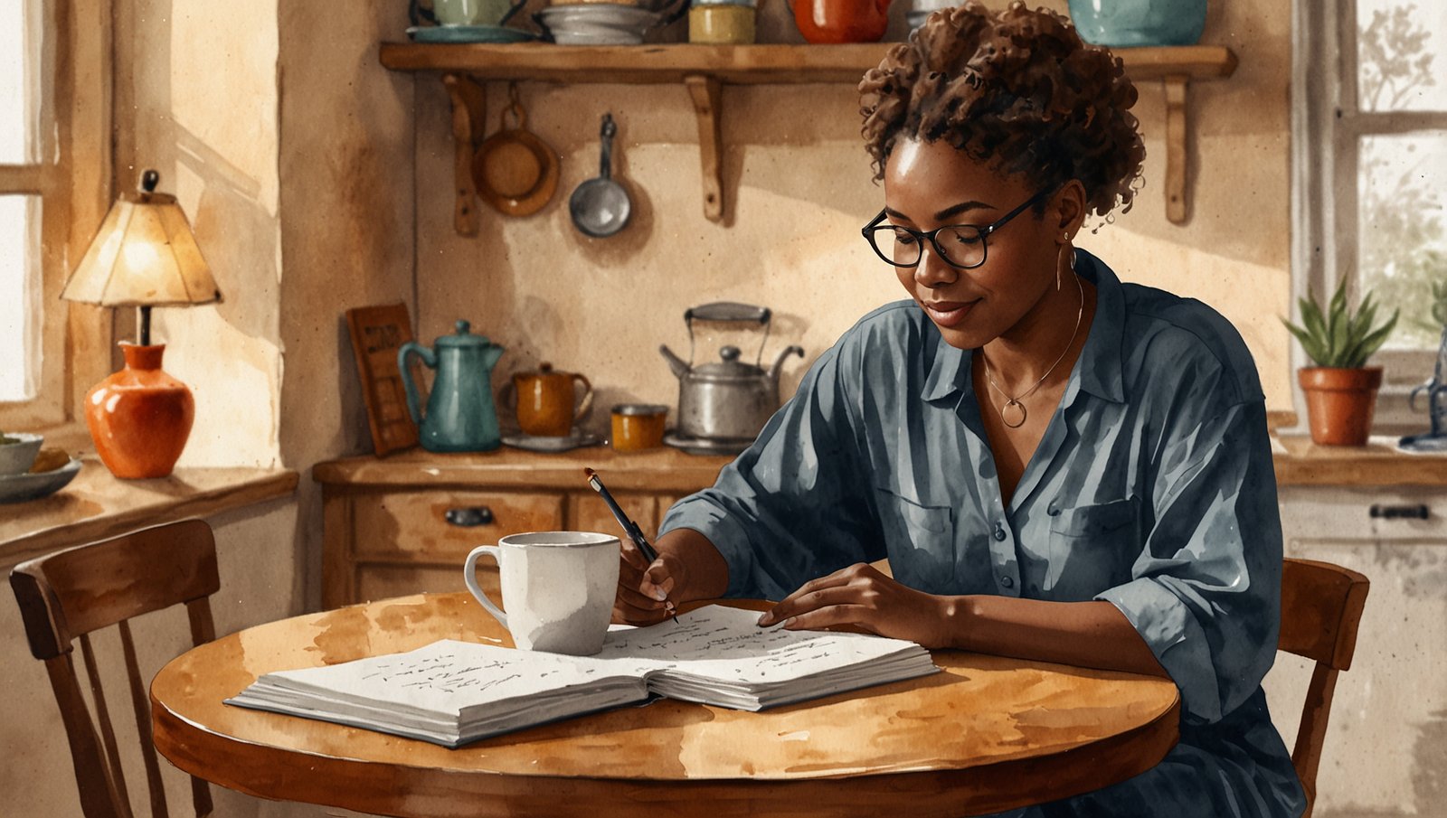 Watercolor sketch of a Black woman doing a gentle morning stretch in a cozy living room with a wellness tracker app on a table nearby