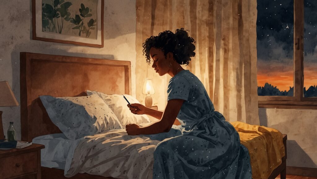 Watercolor sketch of a Black woman winding down for sleep in a cozy bedroom, night routine for better sleep