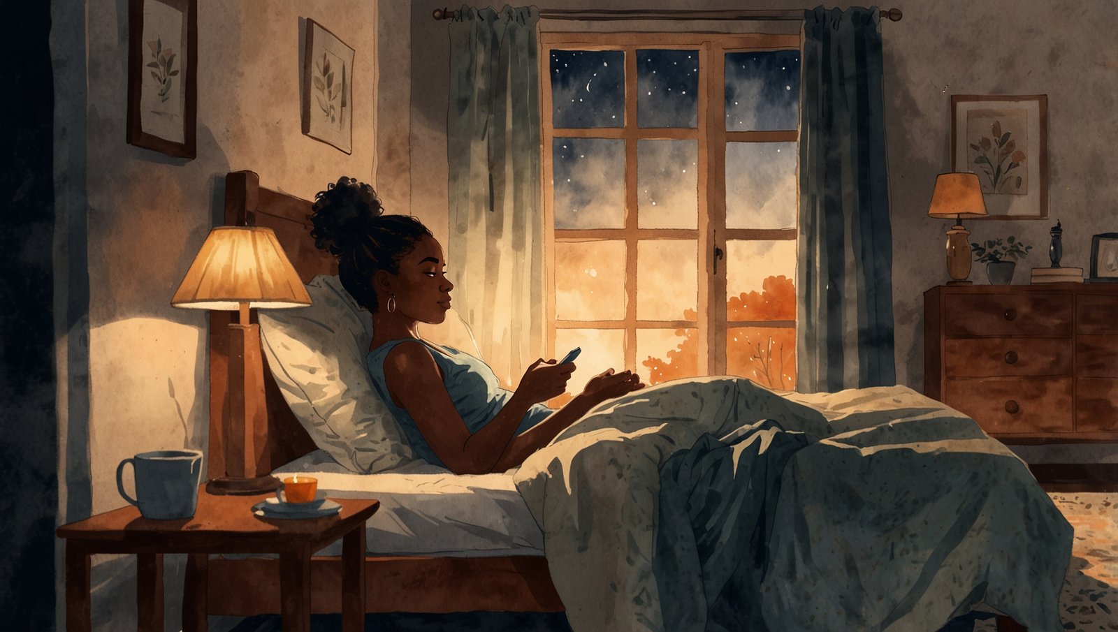 Watercolor sketch of a Black woman reading by soft lamplight in a peaceful bedroom before sleep