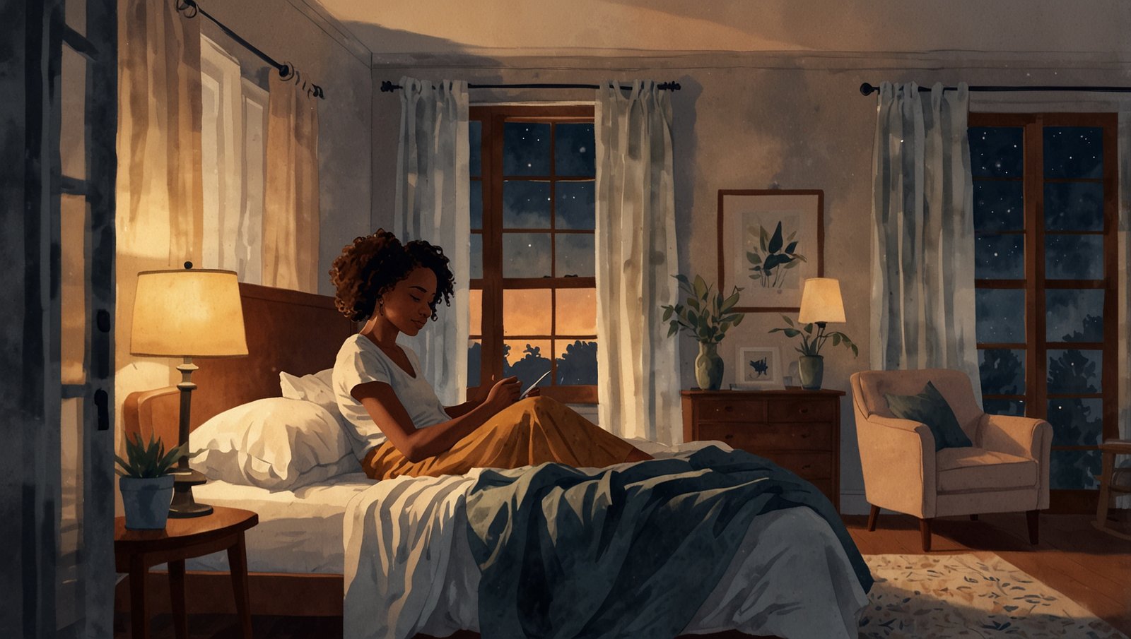 Watercolor sketch of a Black woman in a calm cozy bedroom winding down at night