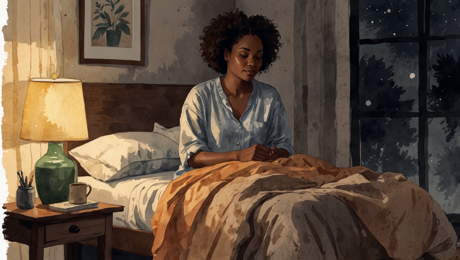 Watercolor sketch of a Black woman relaxing in a cozy nighttime bedroom, beginner night routine