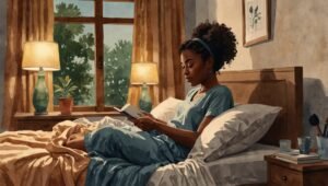 Get Toned Glutes with These 5 Band Moves 15 Watercolor sketch of a Black woman in a cozy calm bedroom, sleep hygiene tips for beginners