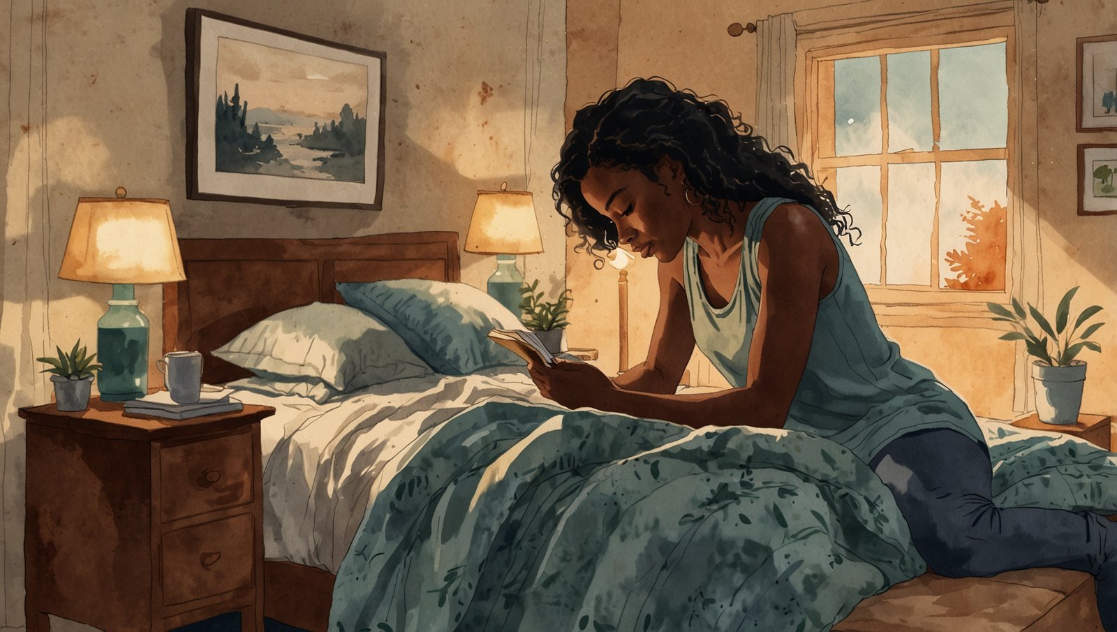 Watercolor sketch of a Black woman setting up simple bedtime habits in a peaceful bedroom