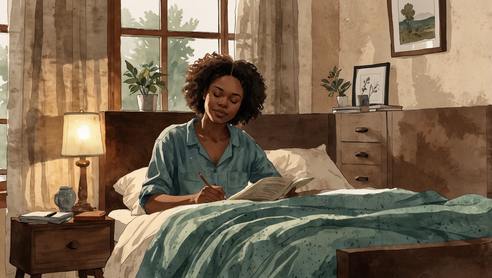 Watercolor sketch of a Black woman in a restful sleep environment with soft warm lighting, sleep hygiene tips for beginners