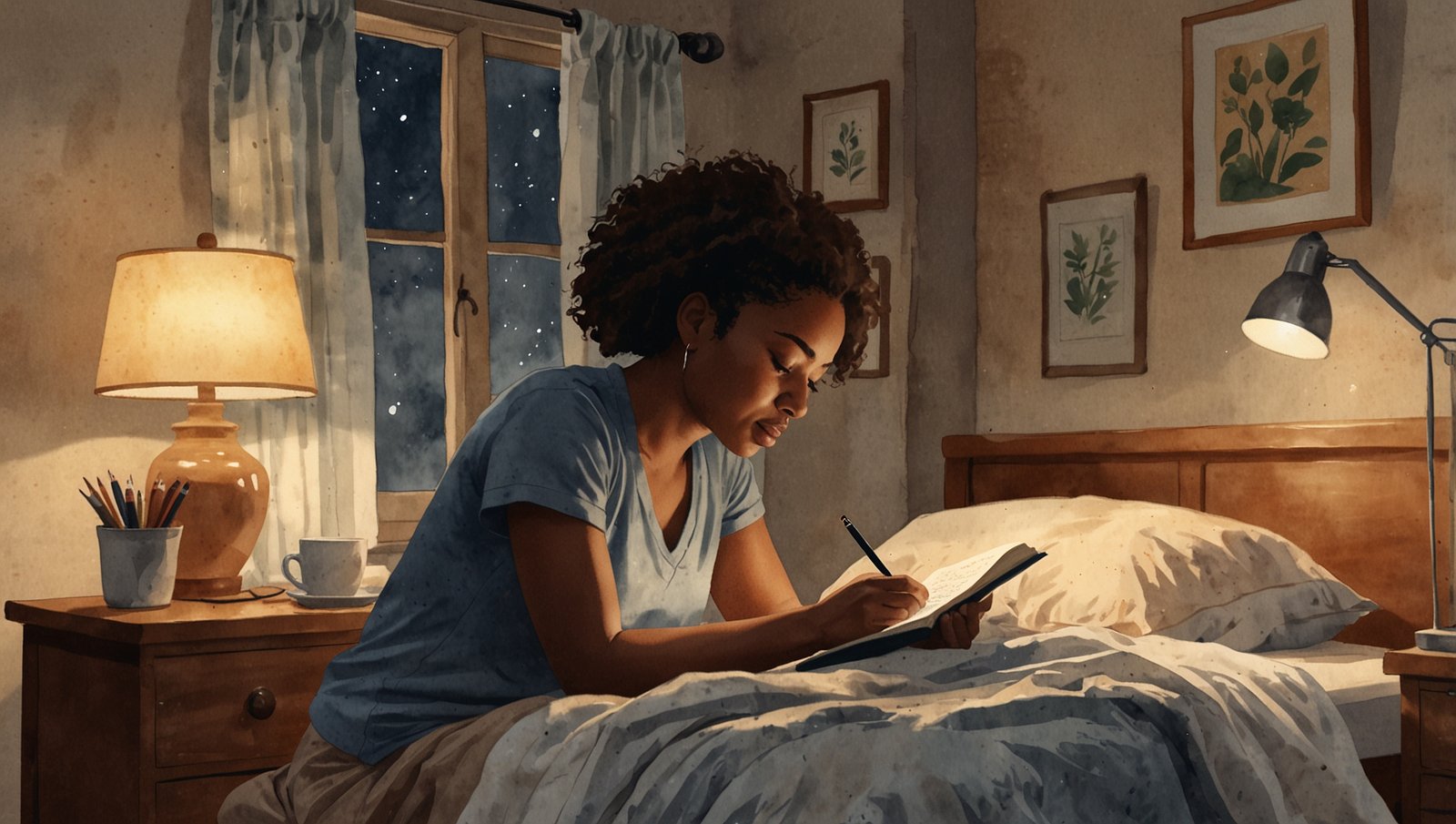 Watercolor sketch of a Black woman relaxing in a peaceful bedroom during wind-down routine