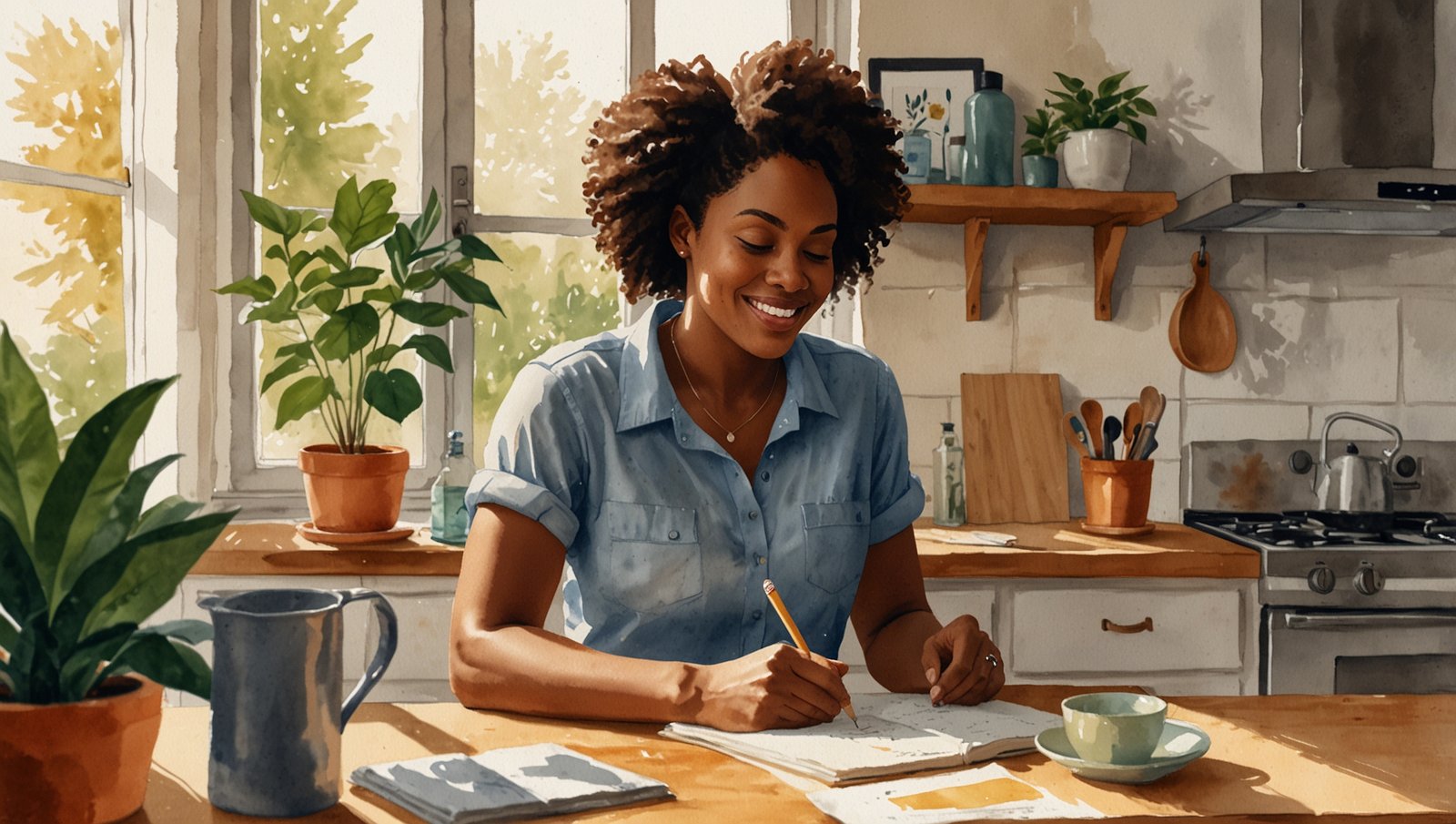 How Much Water Should I Drink Daily? Simple Guide 3 Watercolor sketch of a Black woman in a sunny home kitchen learning how much water should I drink daily
