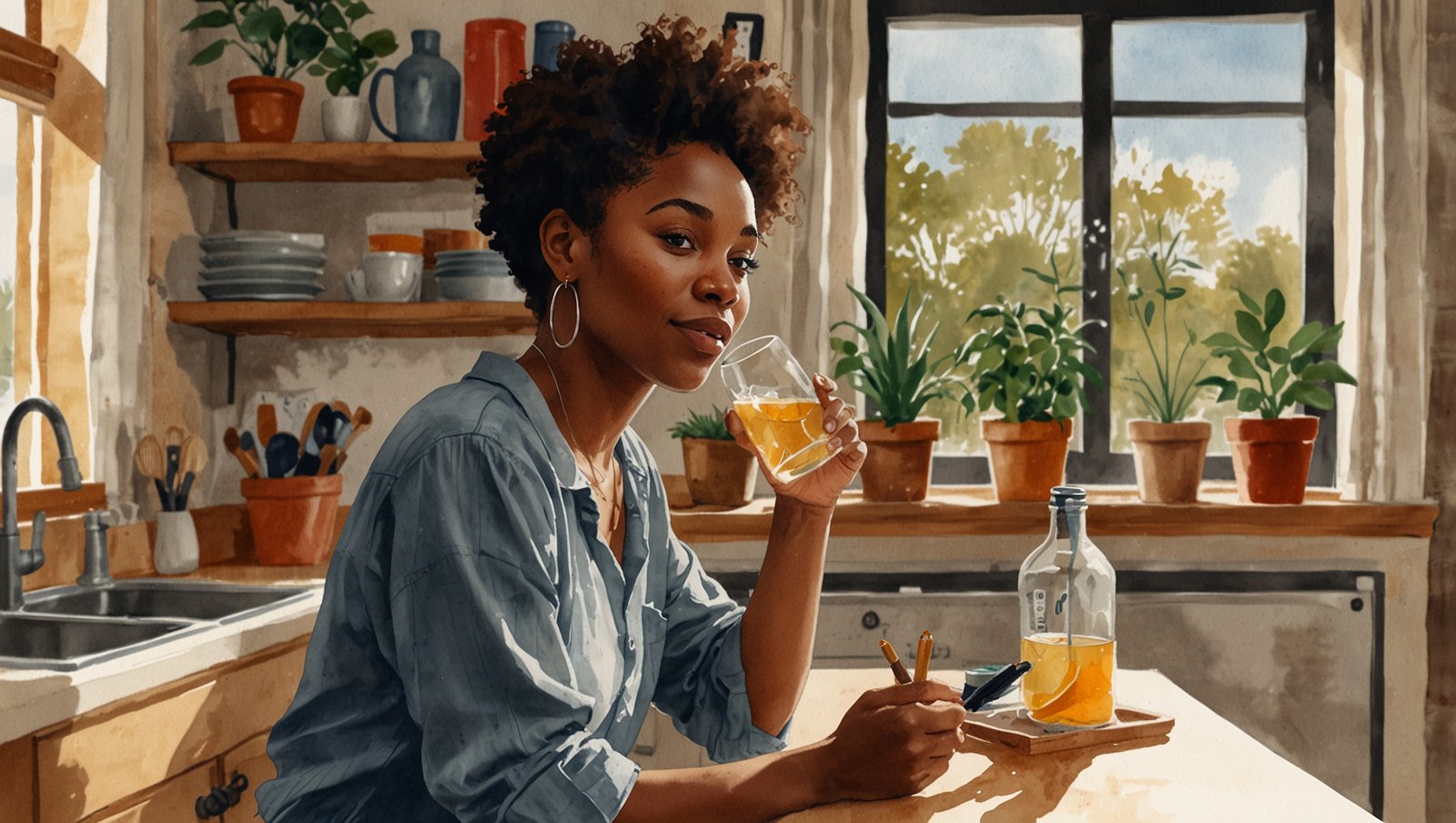 How Much Water Should I Drink Daily? Simple Guide 4 Watercolor sketch of a Black woman sipping water at her kitchen counter in a calm home setting