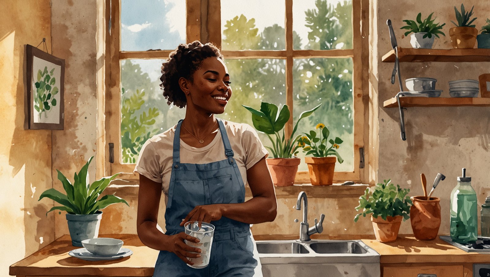 How Much Water Should I Drink Daily? Simple Guide 5 Watercolor sketch of a Black woman with a glass of water beside her notebook in a quiet morning kitchen