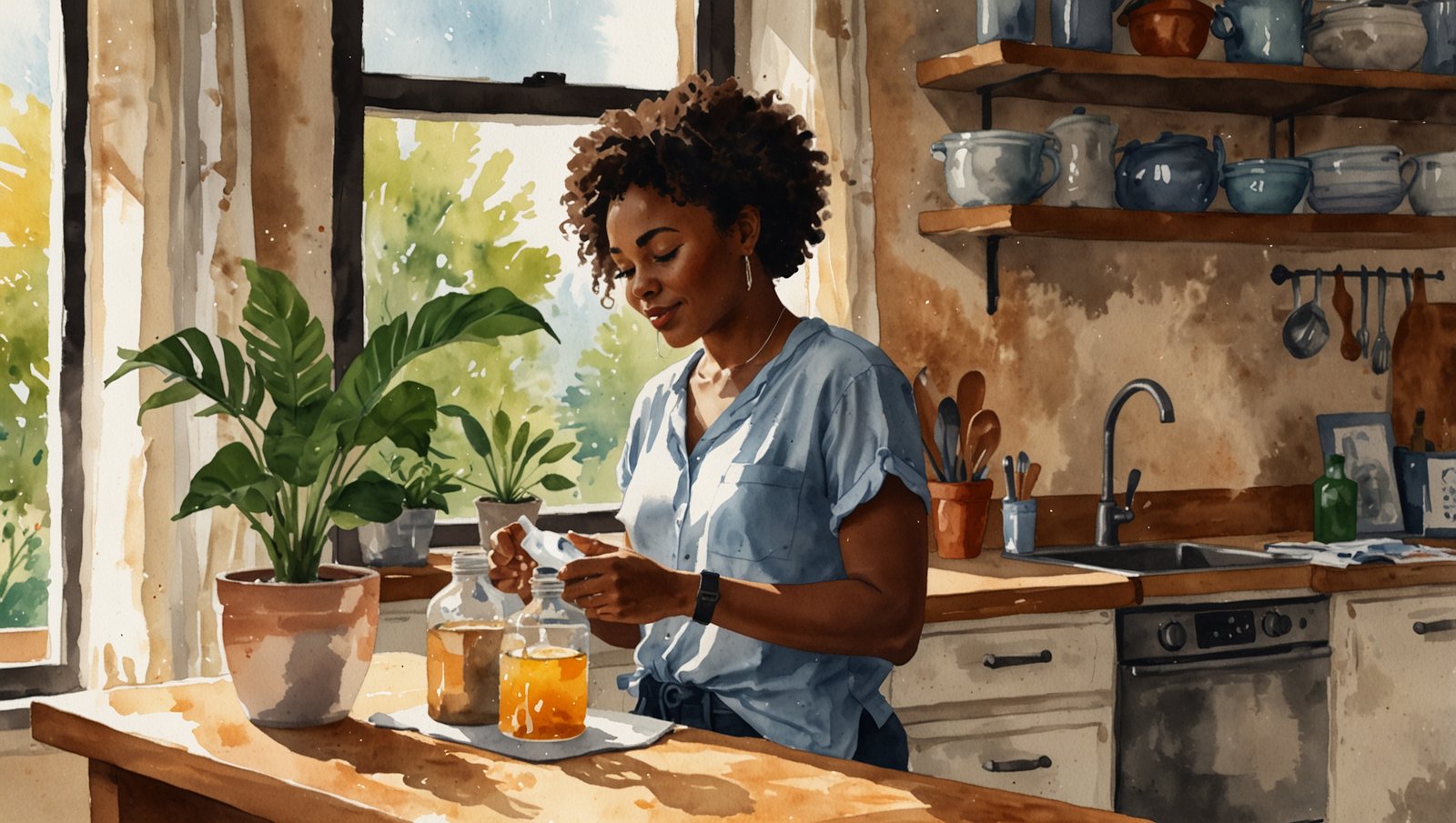 How Much Water Should I Drink Daily? Simple Guide 6 Watercolor sketch of a Black woman in a sunlit home kitchen with a water bottle and plants on the counter