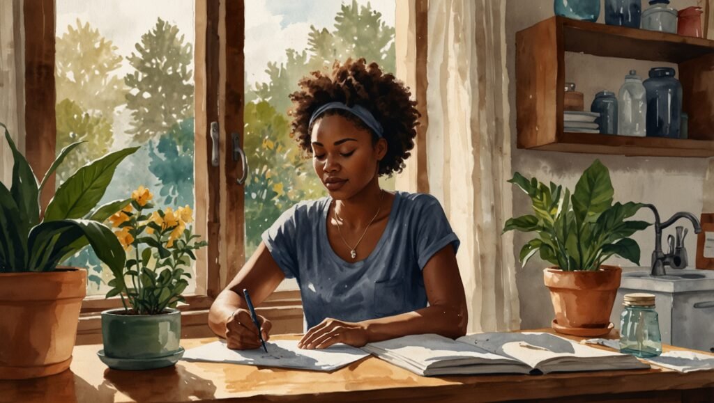 How to Drink More Water Daily: Easy Beginner Habits 2 Watercolor sketch of a Black woman learning how to drink more water daily, bottle and journal on her kitchen counter