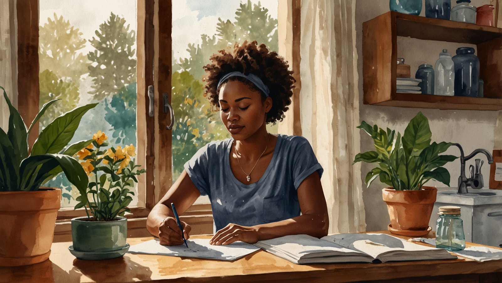 How to Drink More Water Daily: Easy Beginner Habits 3 Watercolor sketch of a Black woman learning how to drink more water daily, bottle and journal on her kitchen counter