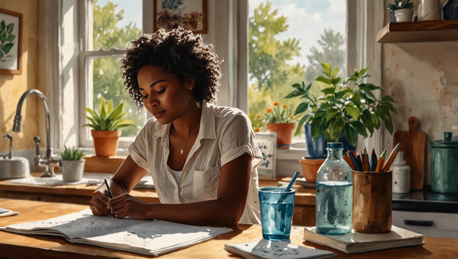 How to Drink More Water Daily: Easy Beginner Habits 4 Watercolor sketch of a Black woman sipping water at her desk in a warm home setting
