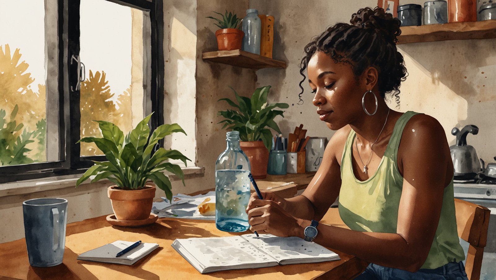 How to Drink More Water Daily: Easy Beginner Habits 5 Watercolor sketch of a Black woman with a glass of water in soft morning light at her kitchen counter