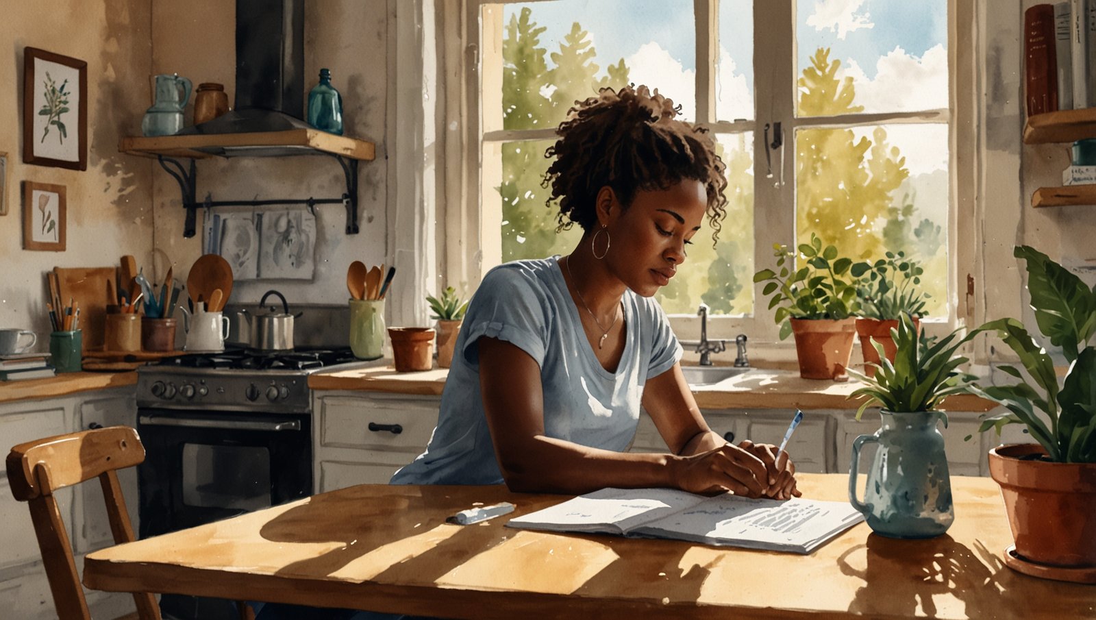 How to Drink More Water Daily: Easy Beginner Habits 6 Watercolor sketch of a Black woman with a full water bottle ready to grab in a cozy home setting