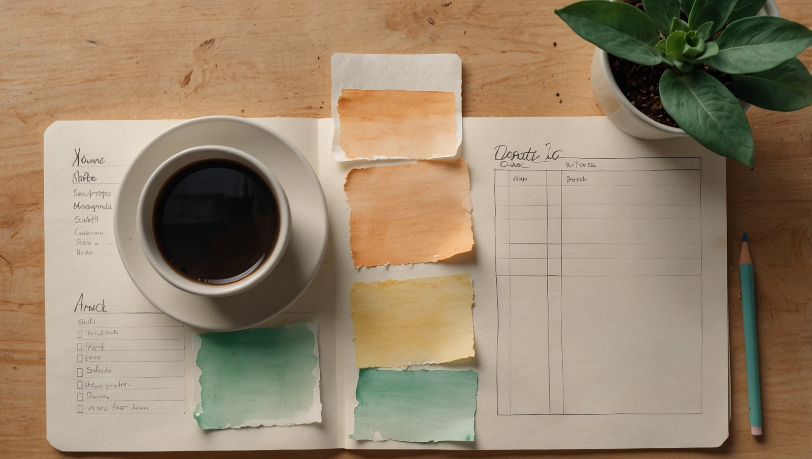 Wellness Fitness Tracker Notion: The Complete Beginner's Buying Guide 3 Top-down watercolor flatlay of a journal checklist, coffee mug, and plant for daily wellness habits