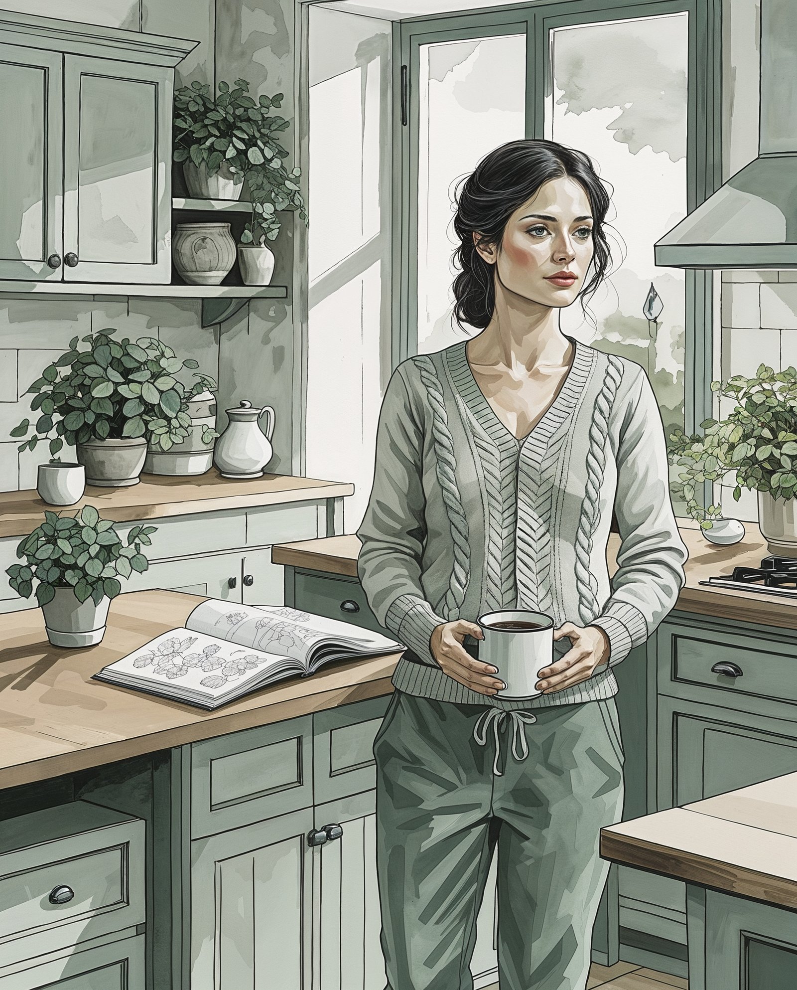 Maya in a sunlit home kitchen with a journal and warm mug