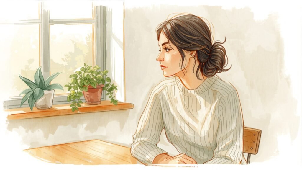 How to Start a Wellness Routine for Beginners: 5 Anchors 1 Watercolor sketch of Maya at her kitchen table holding a glass of water in soft morning light — how to start a wellness routine for beginners
