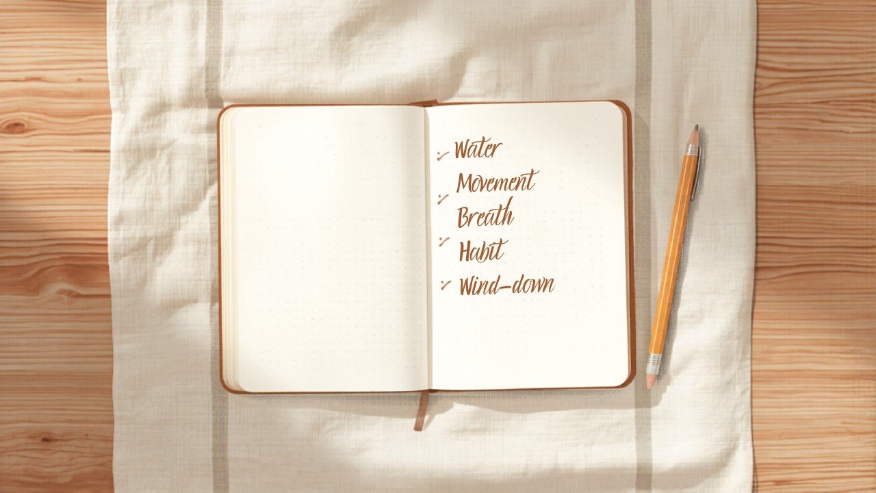How to Start a Wellness Routine for Beginners: 5 Anchors 4 Watercolor sketch of an open wellness journal with a 5-anchor checklist and a mug of tea on a wooden table, soft afternoon light