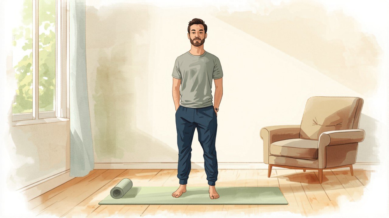 Watercolor sketch of Jordan in a cozy living room with a yoga mat — 10-minute beginner workout at home no equipment