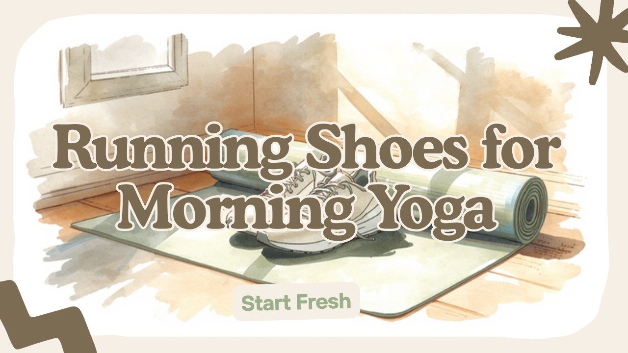 Watercolor sketch of running shoes on a yoga mat in a cozy living room, soft morning light