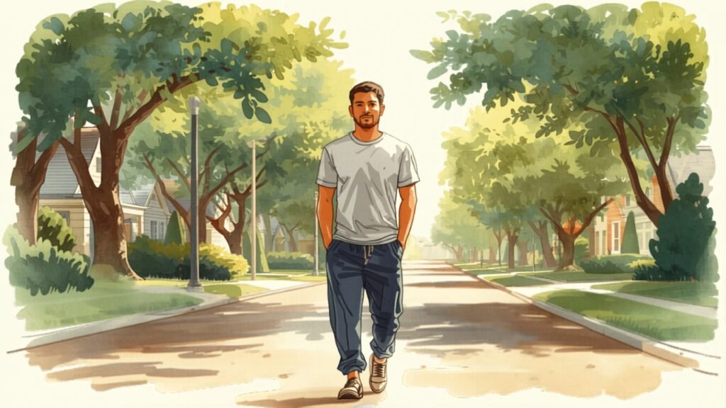 Watercolor sketch of Jordan walking down a quiet neighborhood street with calm expression