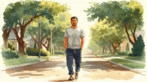 Get Toned Glutes with These 5 Band Moves 17 Watercolor sketch of Jordan walking down a quiet neighborhood street with calm expression