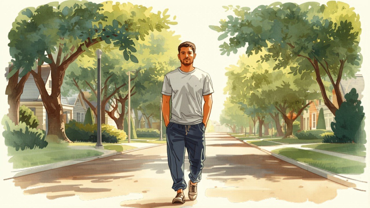 Watercolor sketch of Jordan walking down a quiet neighborhood street with calm expression