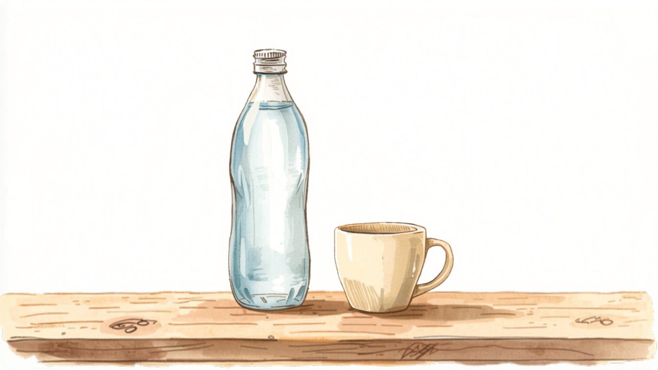 Watercolor sketch of a water bottle on a kitchen counter with morning light, no people