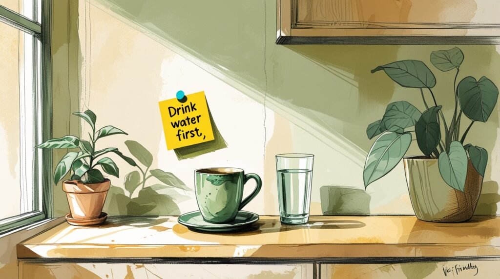 A morning kitchen counter with a coffee mug, glass of water, and a sticky-note reminder — a habit anchor example for beginners.