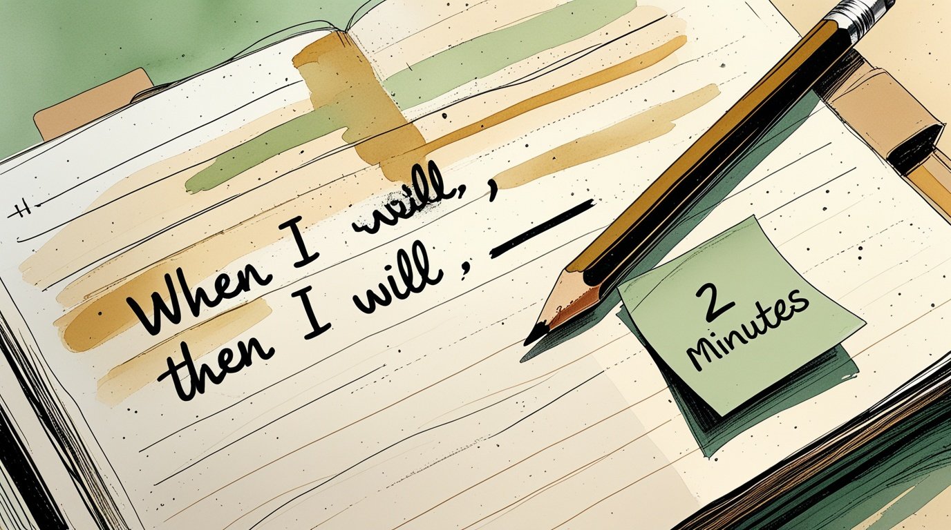Habit Anchors for Beginners: How to Build a Routine Without Motivation 5 A journal page close-up with the when-then formula for building a habit stack as a beginner.