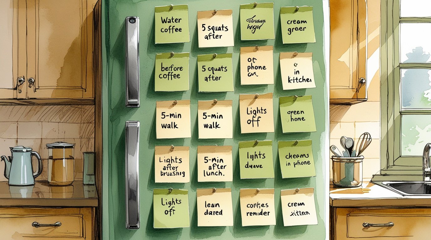Habit Anchors for Beginners: How to Build a Routine Without Motivation 6 A fridge covered with sticky-note habit-anchor reminders — a beginner-friendly visual tracker.