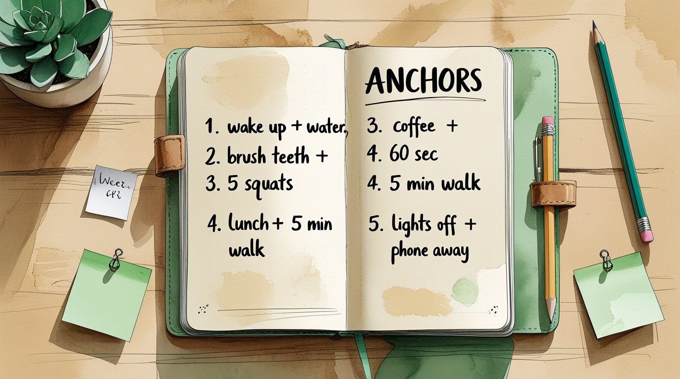Habit Anchors for Beginners: How to Build a Routine Without Motivation 4 A handwritten journal page listing 5 habit anchors for beginners: wake-up, brush-teeth, coffee, lunch, and lights-off.